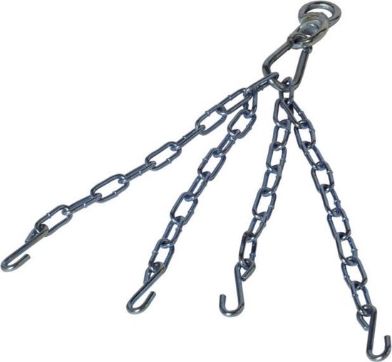 Een bokszak ophangketting met vier stalen kettingen en haken, verbonden aan een centraal oog met wartel.