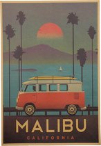 Malibu Surfing Volkwagen Van Vintage Retro Poster 51x36cm Zachte Retro Kleuren