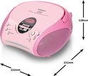 Roze Lenco draagbare stereo radio CD-speler met afmetingen.