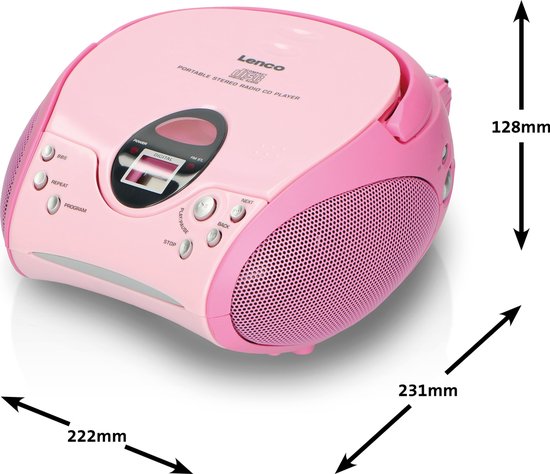 Roze Lenco draagbare stereo radio CD-speler met afmetingen.