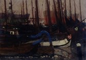 George Hendrik Breitner, Schepen In Het Ijs op canvas, afmetingen van dit schilderij zijn 45x100 cm