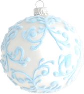 Boules de Noël Argent Mat avec Design Velours Bleu Clair 8 cm - boîte de 4