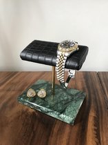 DOUBLE Watch Stand / Display / Horlogestandaard - Groen Marmer, Gouden Standaard, CROCODILE Kalfsleer