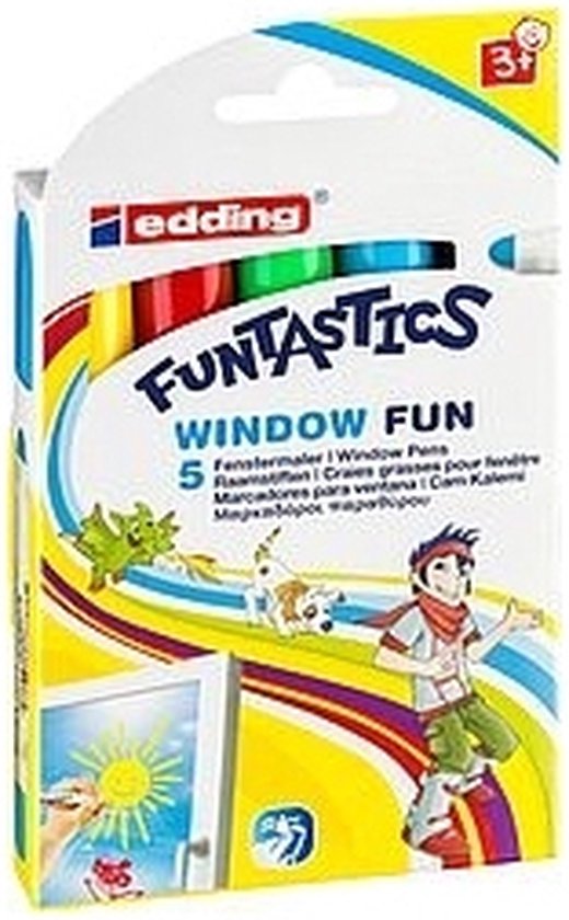 Doos met 5 edding Funtastics window fun raamstiften, met afbeeldingen van een draak, hond en jongen.