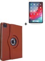 Ipad Pro 11 (2020) hoes Kunstleder Hoesje 360° Draaibare Book Case Bescherm Cover Hoes Bruin + Screenprotector Tempered Glass