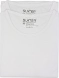 Twee witte Slater t-shirts met ronde hals, neklabels zichtbaar, witte achtergrond.