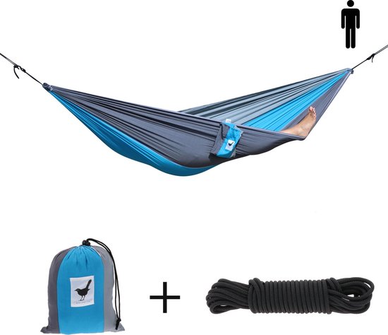 MoreThanHip Single 1 persoons (reis)hangmat Relaxzz- incl. set touwen - Blauw/Grijs