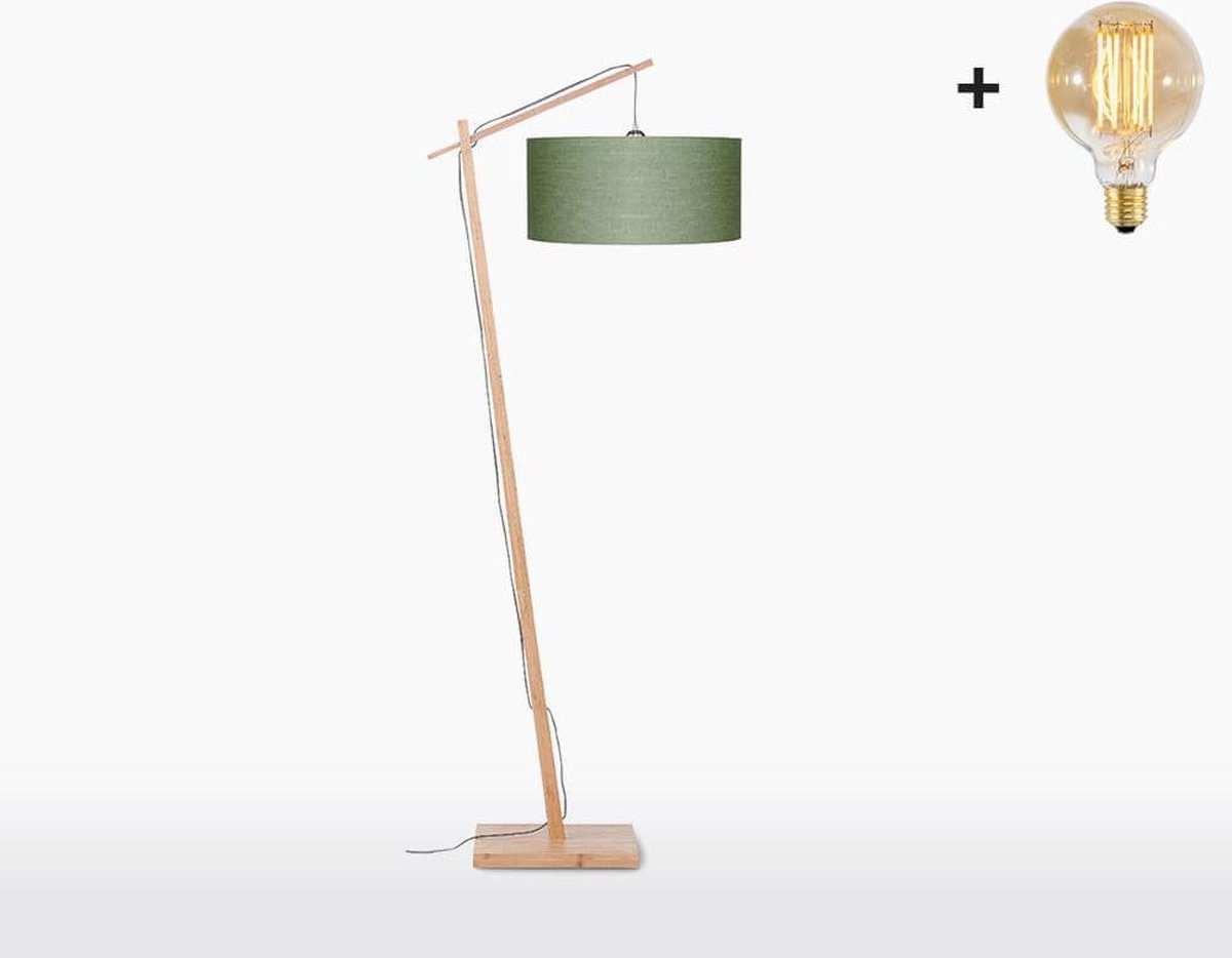 Vloerlamp – ANDES – Naturel Bamboe - Groen Linnen - Met LED-lamp