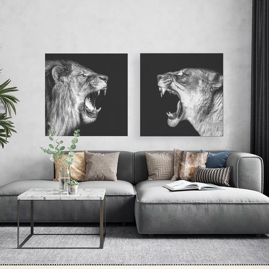 Schilderijen op canvas - Leeuw en Leeuwin -  zwart / wit - tweeluik - 120 x 60 cm | PosterGuru