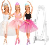 kledingset voor modepop zoals barbie - 3 jurken, 3 kronen, 3 paar schoenen en spiegel - Ballet thema- prinses - kleertjes