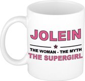 Naam cadeau Jolein - The woman, The myth the supergirl koffie mok / beker 300 ml - naam/namen mokken - Cadeau voor o.a verjaardag/ moederdag/ pensioen/ geslaagd/ bedankt