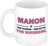 Naam cadeau Manon - The woman, The myth the supergirl koffie mok / beker 300 ml - naam/namen mokken - Cadeau voor o.a  verjaardag/ moederdag/ pensioen/ geslaagd/ bedankt