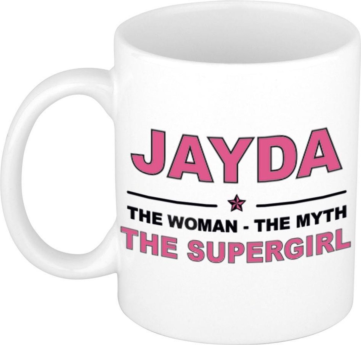 Naam cadeau Jayda - The woman, The myth the supergirl koffie mok / beker 300 ml - naam/namen mokken - Cadeau voor o.a verjaardag/ moederdag/ pensioen/ geslaagd/ bedankt - Bellatio Decorations