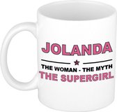 Naam cadeau Jolanda - The woman, The myth the supergirl koffie mok / beker 300 ml - naam/namen mokken - Cadeau voor o.a verjaardag/ moederdag/ pensioen/ geslaagd/ bedankt