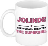Naam cadeau Jolinde - The woman, The myth the supergirl koffie mok / beker 300 ml - naam/namen mokken - Cadeau voor o.a verjaardag/ moederdag/ pensioen/ geslaagd/ bedankt