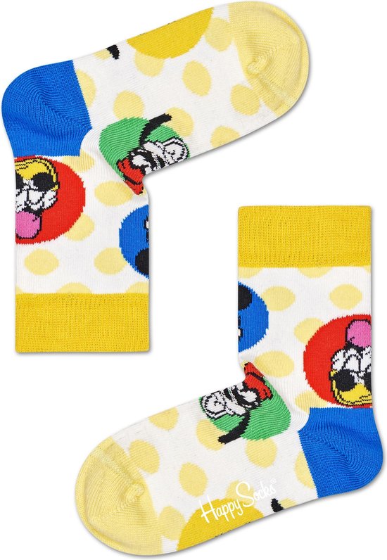 Happy Socks met Mickey Mouse motieven op een witte ondergrond met gele stippen, blauwe en rode randen.