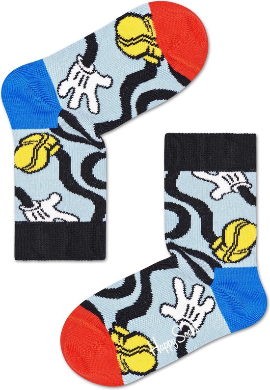 Twee blauwe Happy Socks met golven, Mickey Mouse handschoenen en schoenen.