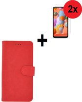 Samsung Galaxy A11 hoes Effen Wallet Bookcase Hoesje Cover Rood + 2x Tempered Gehard Glas / Glazen screenprotector (2 stuks) Pearlycase