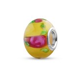 Quiges - Glazen - Kraal - Bedels - Beads Bloemvormig Geel met Roze Rozen en Groene Blaadjes Past op alle bekende merken armband NG2028