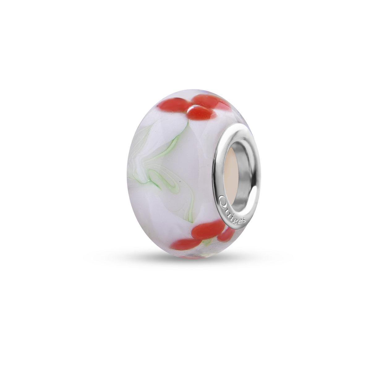Quiges - Glazen - Kraal - Bedels - Beads Wit met Rode Blaadjes Past op alle bekende merken armband NG1955