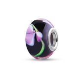 Quiges - Glazen - Kraal - Bedels - Beads Zwart met Roze Bloemen aan Groene Tak Past op alle bekende merken armband NG557
