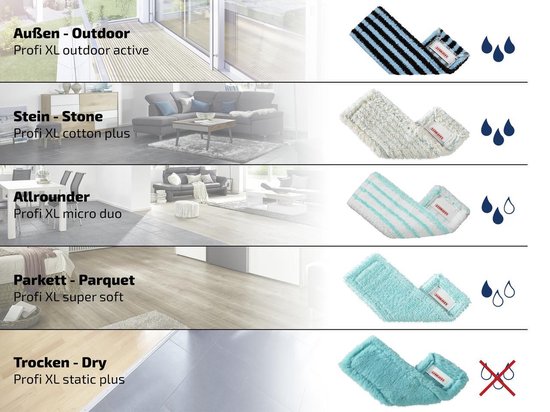 Aperçu des différentes lingettes de serpillière Leifheit Profi XL pour divers types de sols.