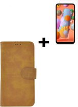 Samsung Galaxy A11 hoes Effen Wallet Bookcase Hoesje Cover Bruin + Tempered Gehard Glas / Glazen screenprotector Pearlycase