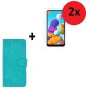 Geschikt voor Samsung Galaxy A21 hoes Effen Wallet Bookcase Hoesje Cover Turquoise + 2x Tempered Gehard Glas / Glazen screenprotector (2 stuks) Pearlycase