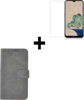 Nokia 2.3 hoes Effen Wallet Bookcase Hoesje Cover Grijs + Tempered Gehard Glas / Glazen screenprotector Pearlycase