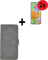 Samsung Galaxy A41 hoes Effen Wallet Bookcase Hoesje Cover Grijs + 2x Tempered Gehard Glas / Glazen screenprotector (2 stuks) Pearlycase