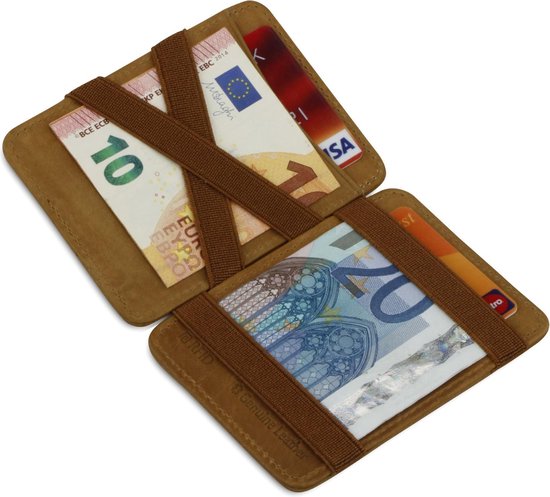Hunterson compacte Portemonnee voor heren en dames uit leder, Kaarthouder met RFID-bescherming, Portefeuille met plaats voor 8 kaarten, Magic Wallet, Cognac
