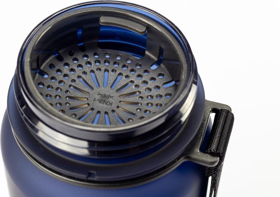 Binnenzijde van de donkerblauwe King Mungo drinkfles met een blauw rooster.