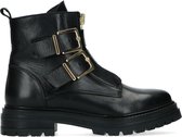 Manfield - Dames - Zwarte biker boots met gouden gespen en rits - Maat 39