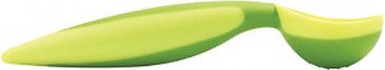 Een groene ijsschep met een ergonomische handgreep en een rond schepje.