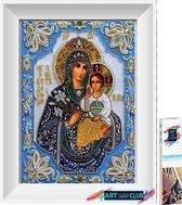 Diamond schilderij. Moeder Maria met kind. Blauwe en gouden kleuren. Christelijke, religieuze diamant schilderij. Diamanten, lade en pen inbegrepen. 30x40 cm.