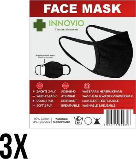 Masques buccaux Innovio lavables et réutilisables-respirants-masques buccaux non médicaux-3 pièces-Noir