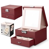 Sieradendoos - Juwelen doos voor sieraden organizer (ring, ketting, oorbellen, horloge) – Dames bijouterie doos -Rood - Met Grote Spiegel