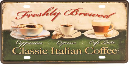 Wandbord – Mancave – Classic Italian Coffee – Vintage - Retro -  Wanddecoratie – Reclame bord – Restaurant – Kroeg - Bar – Cafe - Horeca – Metal Sign - Koffie – Italiaans – Capuccino – Espresso – Cafe Latte - 15x30cm