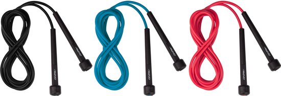 Zwart, turquoise en rood Avento springtouw met zwarte handgrepen.