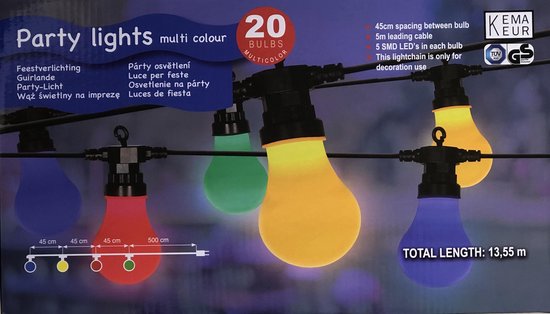 Party lights Multi colour | Feestverlichting Multikleur 20 LED voor binnen en buiten | Partyverlichting | 13,55 M