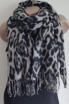 Dames warme sjaal lang met panterprint grijs/zwart