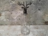 Vintage glazen fles met metalen zwart rendier/stop. 24 x 10 x 8 cm