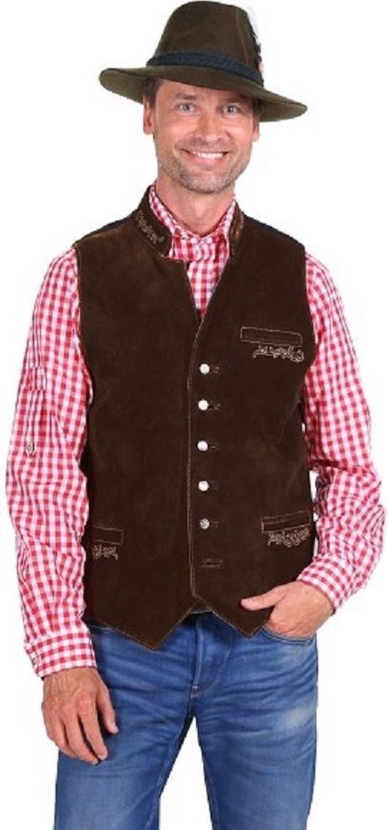 Tiroler - vest - gilet - leer ''Felix'', donker bruin -Vest - bierfeest - verkleedkleding (maat 52)