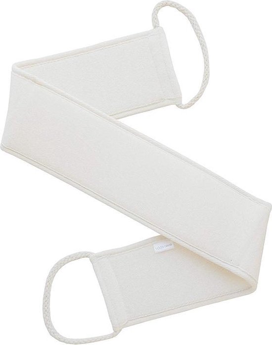 Een witte, rechthoekige badstof riem met een luffa-achtig middenstuk en lussen aan elk uiteinde.