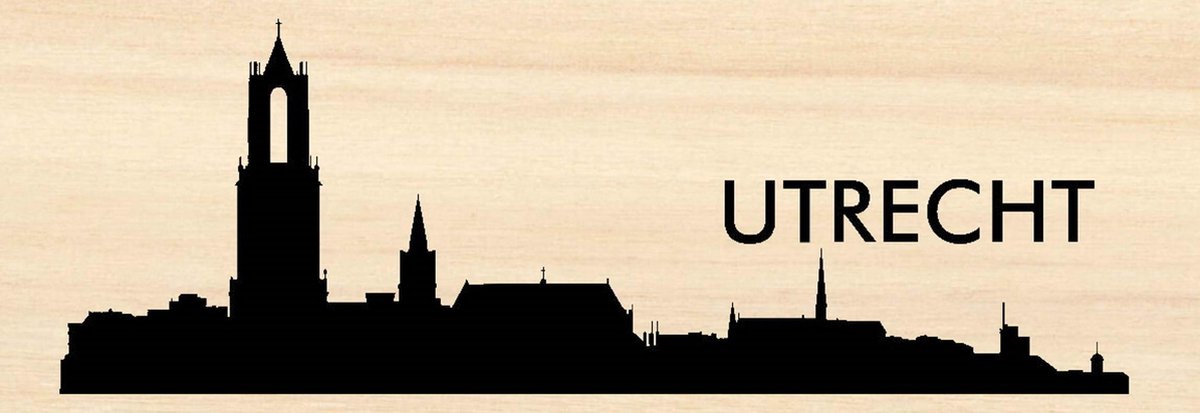 Houten skyline Utrecht - Gebrand hout - Wanddecoratie / muurdecoratie - 38cm x 11.5cm x 12mm - Domtoren - Populierenhout