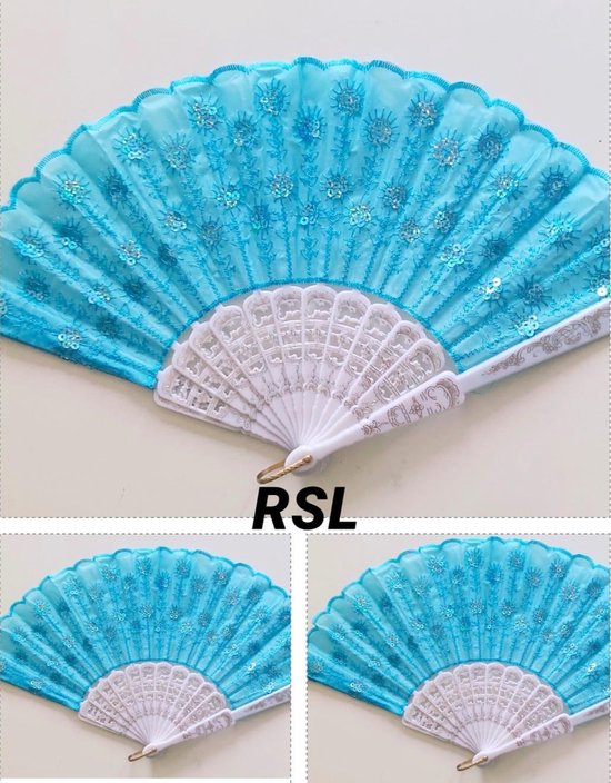 Spaanse handwaaiers met borduursels en pailletten 3 stuks lichtblauw