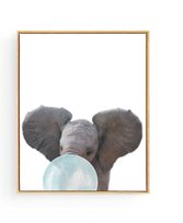 Postercity - Design Canvas Poster Baby Olifant  Blauwe Kauwgom / Kinderkamer / Dieren Poster / Babykamer - Kinderposter / Babyshower Cadeau / Muurdecoratie / 40 x 30cm / A3