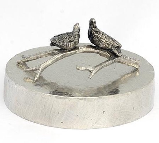 Piédestal avec inséparables - Urne animalière Statue en étain argenté pour votre pigeon ou oiseau bien-aimé