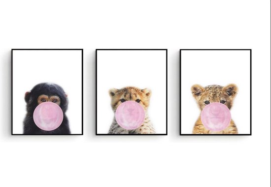 Postercity – Design Canvas Poster Jungle Set Baby Aapje, Cheeta en Tijger Roze Kauwgom / Kinderkamer / Dieren Poster / Babykamer – Kinderposter /…