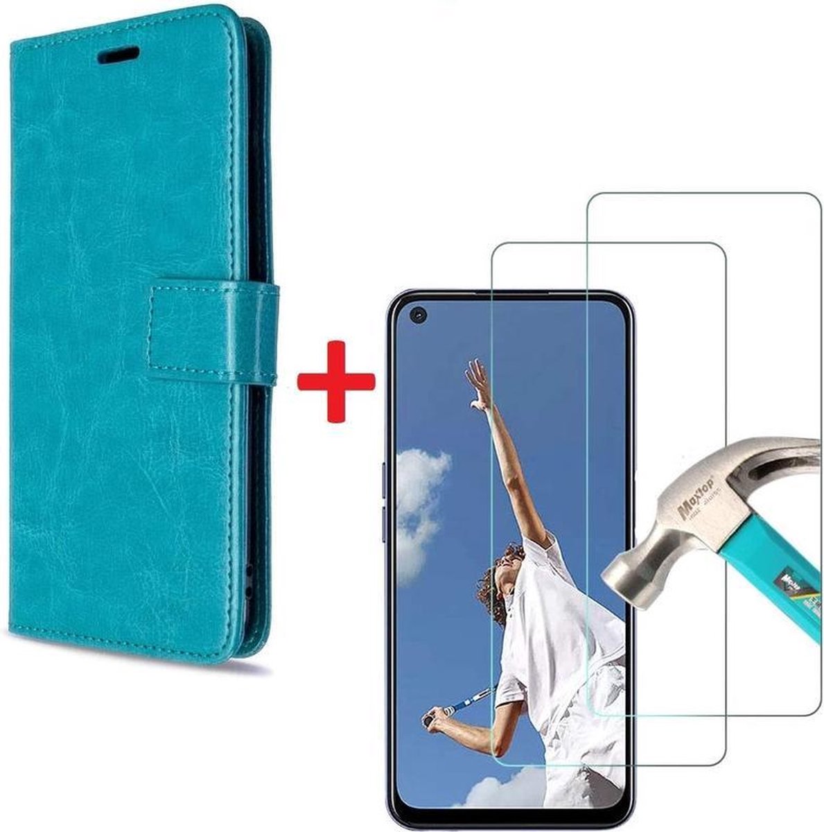 Oppo A52 hoesje book case turquoise met tempered glas screen Protector